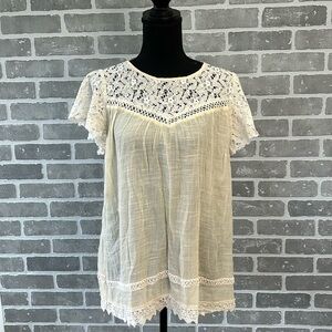 A’Reve | Lace Blouse | Women’s Short Sleeve | Cream with White Lace | Size Med